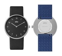 Braun Montre à Quartz analogique à 2 Aiguilles, Cadran Noir, Bracelet en Cuir Noir avec Bracelet supplémentaire en Caoutchouc de Silicone Bleu, 38 mm, Modèle BN0281BKBLG.