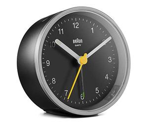 Braun Réveil analogique Classique avec Fonction Snooze et lumière, Mouvement à Quartz Silencieux, bip de l’Alarme en Crescendo, en Noir et Argent, modèle BC12SB