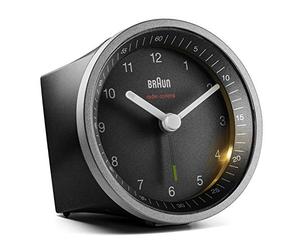Braun Réveil analogique radiocommandé Classique pour Le Fuseau horaire de l’Europe Centrale (DCF/GMT+1) avec Fonction Snooze et lumière, Mouvement Silencieux, en Noir et Argent, modèle BC07SB-DCF.