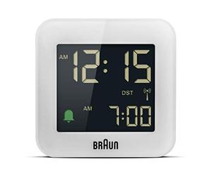 Braun Réveil de Voyage numérique radiocommandé pour Le Fuseau horaire de l’Europe Centrale (DCF) avec Fonction Snooze, Taille compacte, réglage Rapide, bip de l’Alarme en Crescendo, Blanc, BC08W-DCF