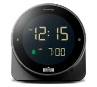 Braun Réveil numérique avec Snooze, écran LCD négatif, Lunette rotative pour Un réglage Rapide de l'heure, Alarme sonore Crescendo en Noir, modèle BC24B.