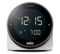 Braun Réveil numérique avec Snooze, écran LCD négatif, Lunette rotative pour Un réglage Rapide de l'heure, Alarme sonore Crescendo en Blanc, modèle BC24W.
