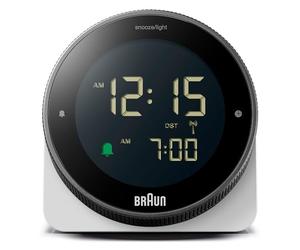 Braun Réveil numérique radiocommandé pour Fuseau horaire d'europe Centrale (DCF), écran LCD inversé, Lunette rotative pour Un réglage Rapide de l'heure Alarme sonore, en Blanc, modèle BC24W-DCF