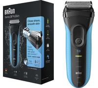 Braun Series 3 3010 Rasoir Wet & Dry | trois têtes de rasage | noir/bleu | pile/accu | indicateur de batterie LED | technologie MicroComb | poignée ergonomique