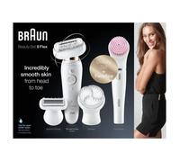 Braun Silk-épil 9 Coffret Beauté & Spa Epilateur Electrique Femme Blanc/Doré, Brosses Exfoliantes, Éponge Maquillage, 9-100