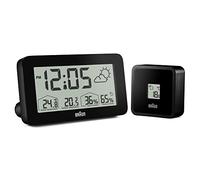 Braun Station météo numérique Réveil avec indicateur de température et d'humidité, prévisions météo, écran LCD, réglage rapide, alarme sonore Crescendo en noir, modèle BC13BP.