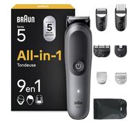 Braun Tondeuse Tout-En-Un Series 5, 9-En-1, Lame Ultra Affûtée, 120 Min D’autonomie, Protection SkinGuard Pour Le Corps, Coupe Précise Et Efficace, Manche AquaGrip Pratique Sous L'eau, AIO5545, Gris