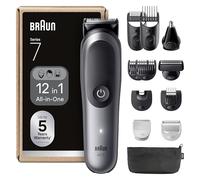 Braun Tondeuse Tout-En-Un Series 7, Kit 12-En-1, Lame ProBlade, Technologie AutoSense, 120 Min D'autonomie, Protection SkinGuard, Barbe En Dégradé, Manche AquaGrip Pratique Sous L'eau, AIO7545, Gris