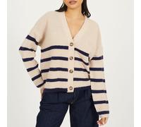 Brave Soul V-Neck Fisherman Knit Striped Cardigan Oatmeal/Navy 10 (S) Female