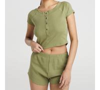 Brave Soul Womens Lounge Set With Henley Cropped Tee & Matching Shorts Kaki 8 (XS) Female