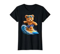 Brave Teddy Bear Riding The Waves Planche de Surf Shapes Mania T-Shirt Graphique avec Valeur, Femme, Noir, S