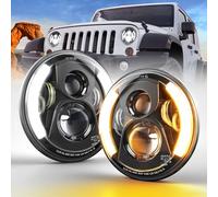 BraveWAY 7 Pouces Led Phare 15000LM, 2PCS Rond Phare Led Wrangler JK，E-Mark Approuvé 4 Modes Eclairages Hi Lo Beam Blanc Ambré DRL,Câble H4-H13 Compatible Avec Wrangler JK TJ LJ CJ Hummber H1 H2