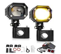 BraveWAY Feux Additionnels Moto Phare 70W 30000LM LED Auxiliaire Antibrouillard 7 Modes Stroboscopiques de Conduite Avec Blanc Ambre Kit de Faisceau de Câbles Plug and Play et 2 Supports de Montage