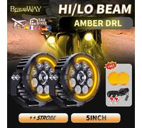 Braveway - phare LED avec Kit de fils, 5 pouces, blanc, jaune, faisceau haut et bas, stroboscope DRL, brouillard, aluminium moulé sous pression, étanche, 12V 24V Hi Low with Bracket