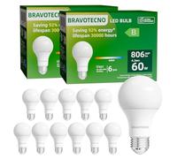 bravotecno Ampoule E27 LED, Classe Énergétique B, Ampoule E27 Blanc Froid 6500K, 4,3W 806LM A60, Équivalent à 60W, Angle de Faisceau 360°, Non-Dimmable, Chaleur Faible & Durable, Lot de 12