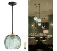 Bravsekai Lampe pendante moderne en verre rayé vert de 20 cm avec 1 ampoule A60 supplémentaire, 1 pack de cordon réglable pour îlot de cuisine, au-dessus de l'évier, chambre à coucher