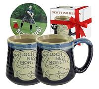 BRAW CLANS TARTANS Monster Nessie Design Lot de 2 tasses en céramique gaufrées 500 ml pour café, thé, chocolat chaud - Coffret cadeau de Noël et Nouvel An - Artisanat du patrimoine écossais (bleu)