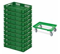 BRB Lot de 10 bacs Euro 600 x 400 x 90 mm (L x l x H) - Qualité industrielle - Convient à un usage alimentaire + 1 chariot de transport - Vert
