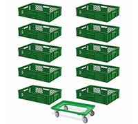 BRB Lot de 10 bacs euro, L x l x H 600 x 400 x 150 mm, qualité industrielle, convient à un usage alimentaire + 1 chariot de transport avec plateau en plastique ABS incassable (vert/vert)