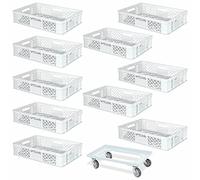 BRB Lot de 10 bacs euro, L x l x H 600 x 400 x 150 mm, qualité industrielle, qualité alimentaire + 1 chariot de transport avec plateau en plastique ABS incassable (blanc/blanc)