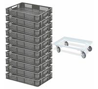 BRB Lot de 10 boîtes à euro, L x l x H : 600 x 400 x 90 mm, qualité industrielle, convient à un usage alimentaire + 1 roulette de transport (gris/blanc)