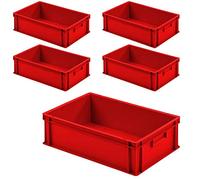 BRB Lot de 5 bacs Euro avec 2 poignées, PP, 600 x 400 x 175 mm, rouge