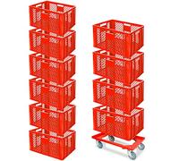 BRB Lot économique de 10 bacs empilables et roulettes de transport, 600 x 400 x 320 mm, qualité industrielle, convient à un usage alimentaire, rouge
