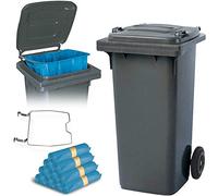 BRB Poubelle de 120 litres avec support pour sacs poubelles + 250 sacs poubelle (gris)