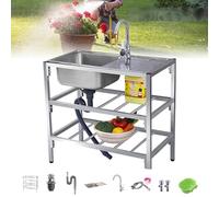BRCYKRWY Évier de Jardin Extérieur Professionnel avec Chaud/froid Robinet et Support,Évier de Cuisine en Acier Inoxydable Sur Pied Avec Établi, Evier INOX 1 Bac avec Egouttoir,pour cuisines,Jardin