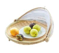 BRDECOR Couvercle en Maille de Fruits en Osier, Plateau de Service à Pain, Assiette de Tente Alimentaire Tissée Couverte, Panier de Tente Rond en Bambou avec Couvercle, Légumes/Fruits, Pain,L