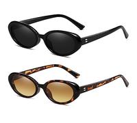 Breaksun Lunettes de soleil ovales rétro pour femmes hommes mode petites lunettes de soleil ovales années 90 nuances vintage, Lot de 2 (A2 noir/gris + léopard/marron dégradé), MM