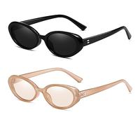 Breaksun Lunettes de soleil ovales rétro pour homme et femme - Petites lunettes de soleil ovales tendance des années 90 - Nuances, Lot de 2 (noir/gris + marron clair/marron clair), MM