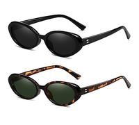 Breaksun Lunettes de soleil ovales rétro pour homme et femme - Petites lunettes de soleil ovales tendance des années 90 - Nuances, Lot de 2 (A1 noir/gris + léopard/G15), MM