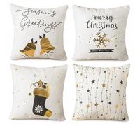 BREASOME Housse de Coussin 45x45 cm, Lot de 4 Housses de Coussin Décoratif en Polyester Flocon de Neige Sonnerie Chaussette Noël Taie d'oreiller Carrée pour Canapé Maison Salon Chambre à Coucher