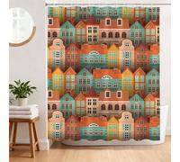 BREASOME Rideau de Douche Architecture Anti Moisissure 180 x 180 cm Rideau Douche Orange et Vert Maison Tissu Polyester Imperméable Lavable Rideau Baignoire avec 12 Crochets