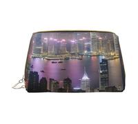 BREAUX Aerial Night Of View Hong Kong Sac cosmétique portable en cuir imprimé Pochette cosmétique portable, trousse à cosmétiques en cuir (petit), blanc, blanc, One Size
