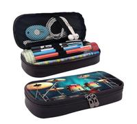 BREAUX Cool Drums Set Trousse à rabat en cuir imprimé, trousse à cosmétiques, organiseur à fermeture éclair, sac de papeterie à rabat en cuir, noir, Noir , Taille unique