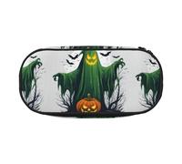 BREAUX Green Ghost Horror Trousse à crayons en tissu Oxford 300D avec fermeture éclair à double tête Motif citrouille d'Halloween