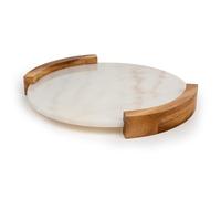 Bredemeijer Grand Plateau de Service Rond de 35 cm de diamètre - Plateau en marbre avec 2 poignées latérales en Bois - Idéal pour Servir des Boissons et des collations