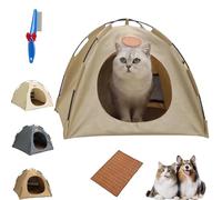 BreezyDen Pop-Up Pet Tent, Portable Hideaway for Cats & Small Dogs, Cat Tents for Indoor Cats with Mesh Window, Waterproof, Cooling Mat, Breathable Mesh & Non-Slip Base, Fully Washable (Beige,M)