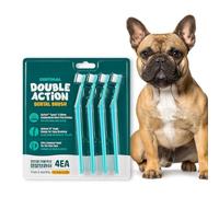 Breezytail Dentimal Lot de 4 brosses à dents double action pour animal domestique avec presse-dentifrice intégré - Poils frais ultra fins de 0,09 mm, tête compacte coudée à 15° de 16 mm pour soins