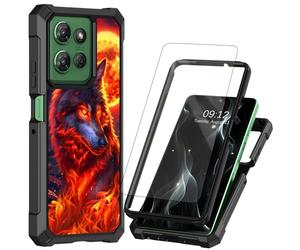 BREIDMKFM Coque pour Motorola Moto G 5G 2025 avec protecteur d'écran double couche de protection en polycarbonate rigide TPU souple antichoc coins loup rouge feu