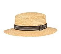 Breiter Chapeau Canotier de Paille Chapeau de Gondolier d'été Soleil Chapeau de Scie Circulaire Boater 100% Paille avec Ruban Gros Grain Noir, Bord de 6 cm - Beige - Noir - S 54-55
