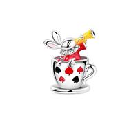 Breloque Alice Lapin blanc dans une tasse de thé en argent 925 compatible avec les bracelets Pandora, Trollbeads, Chamilia, Biagi et beaucoup d'autres bracelets à breloques britanniques.