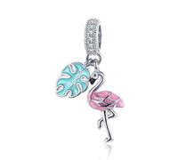 Breloque animal pour bracelets en argent sterling 925 - Feuilles vertes et flamant rose rouge - Breloque oiseau pour bracelet Pandora, Argent Émail Cristal Argenté