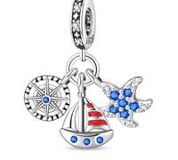 Breloque bateau à voile, boussole, étoile de mer en argent sterling 925 compatible avec les bracelets Pandora, Trollbeads, Chamilia, Biagi et beaucoup d'autres bracelets à breloques britanniques.