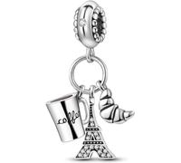 Breloque de voyage en argent sterling 925 Motif Tour Eiffel Paris et café Compatible avec les bracelets Pandora et beaucoup d'autres bracelets à breloques britanniques.