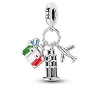 Breloque drapeau de l'Italie en argent sterling 925 avec motif de valise, tour de Pise penchée et avion compatible avec les bracelets Pandora et beaucoup d'autres bracelets à breloques britanniques
