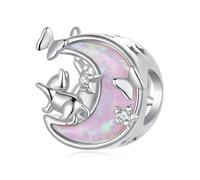 Breloque en argent sterling 925 avec opale rose et chat - Convient pour bracelet Pandora - Pour femme, keineKeine Größe verfügbar, Argent sterling, Zircone cubique créé