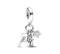 Breloque en argent sterling 925 avec triple pendentif en forme de casquette et diplôme compatible avec les bracelets Pandora et beaucoup d'autres bracelets à breloques britanniques.